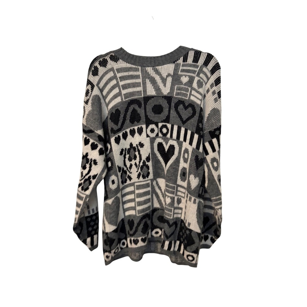 Vintage Huntington Ridge Heart Geometric Knit Sweater Grey Black White Medium